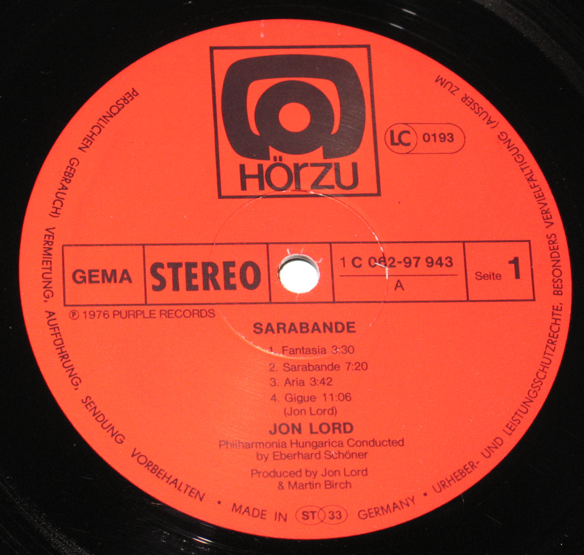Close up of Side One record's label JON LORD - Sarabande - Hörzu Release with die-cut album cover